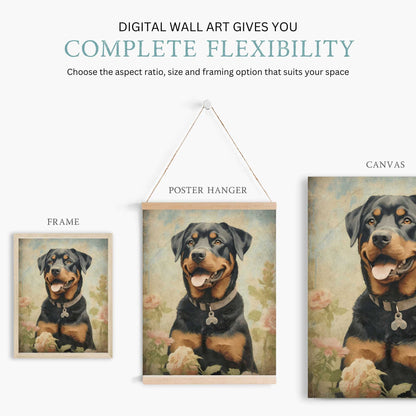 Rottweiler Wall Art, Vintage Dog Print, Dogs with Flowers Painting - WildfieldPrints