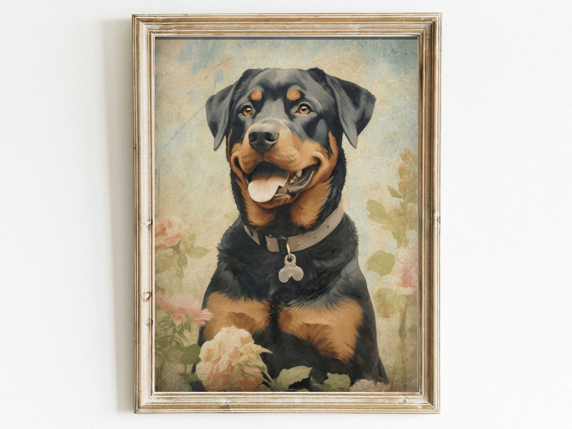 Rottweiler Wall Art, Vintage Dog Print, Dogs with Flowers Painting - WildfieldPrints
