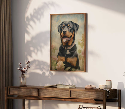 Rottweiler Wall Art, Vintage Dog Print, Dogs with Flowers Painting - WildfieldPrints