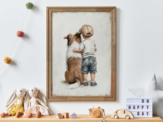 Rough Collie Wall Art, Boy and Dog Print, Dog Nursery Decor, Collie Painting - WildfieldPrints