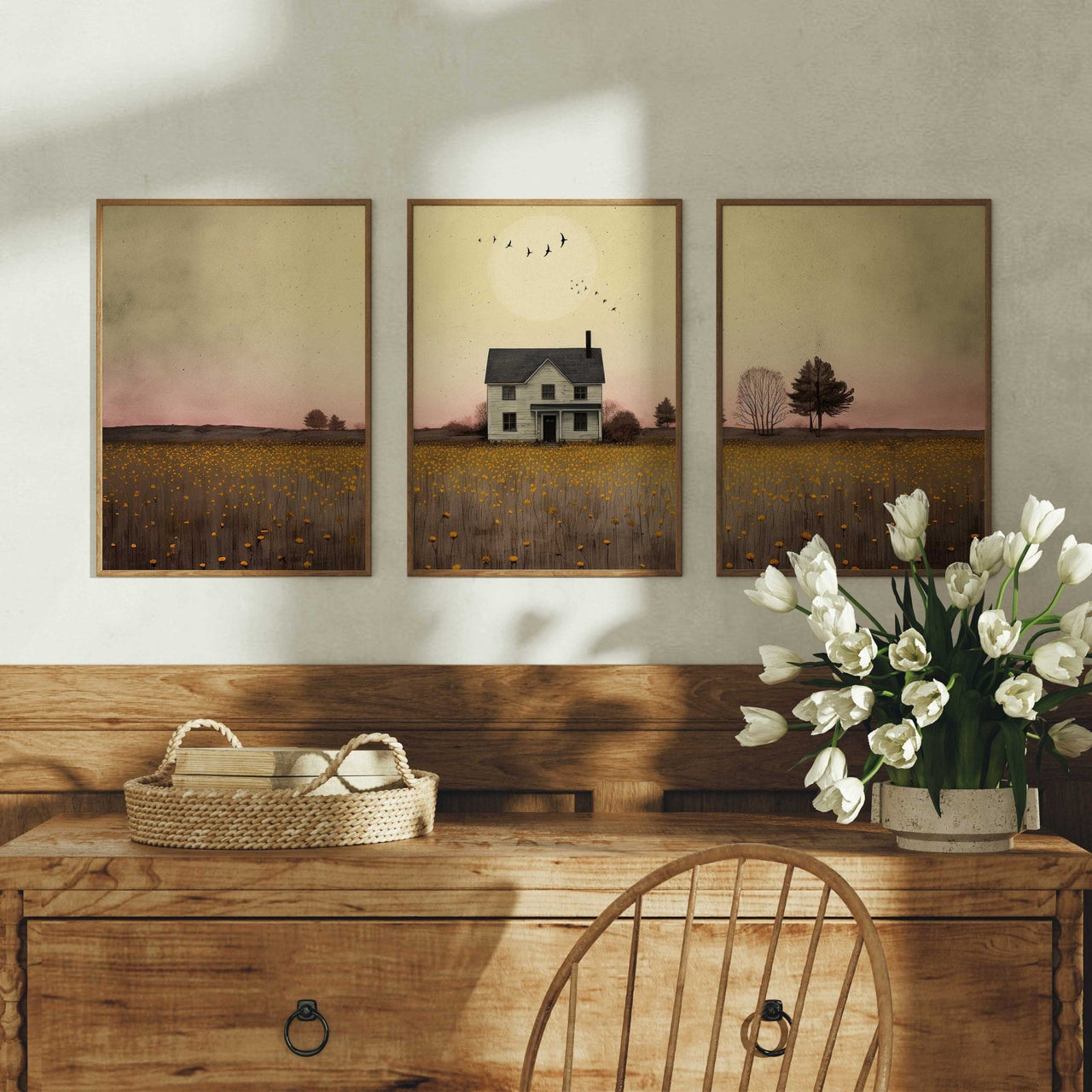 White Country House Wall Art – Rural Girls Room Print • Set of 3