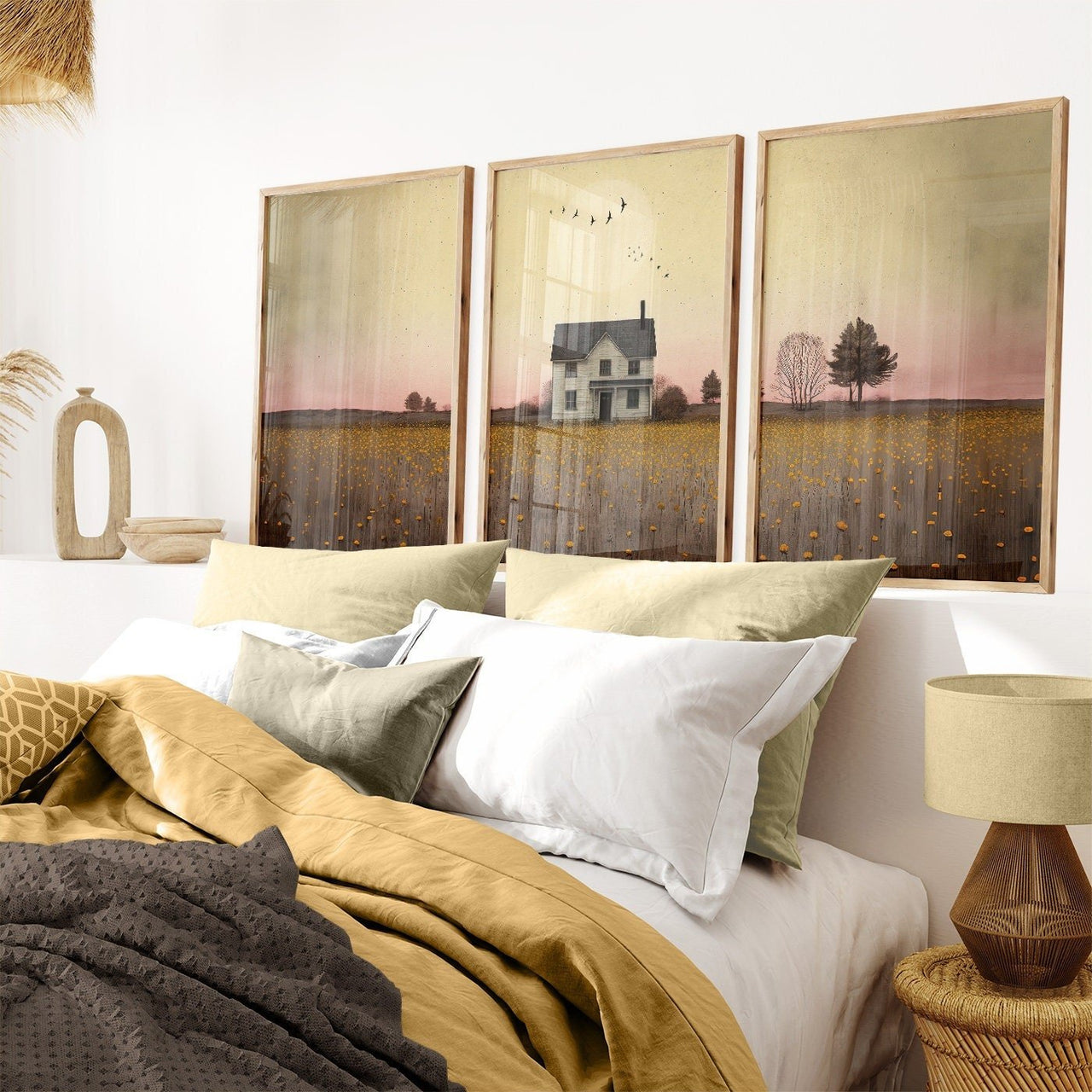 White Country House Wall Art – Rural Girls Room Print • Set of 3
