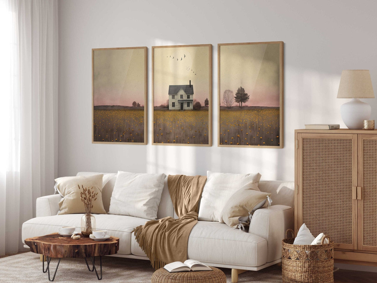 White Country House Wall Art – Rural Girls Room Print • Set of 3