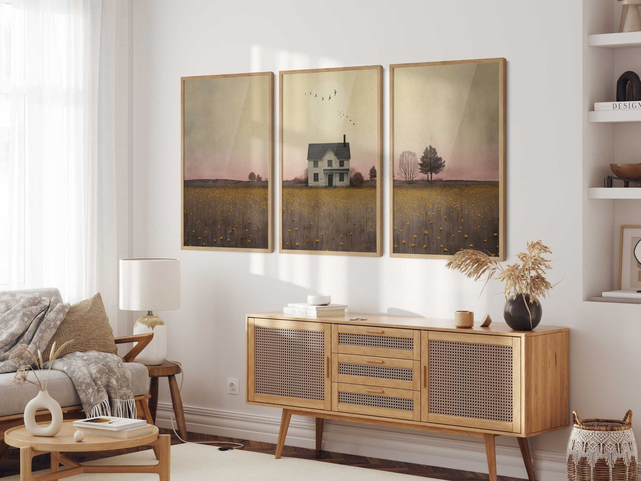 White Country House Wall Art – Rural Girls Room Print • Set of 3