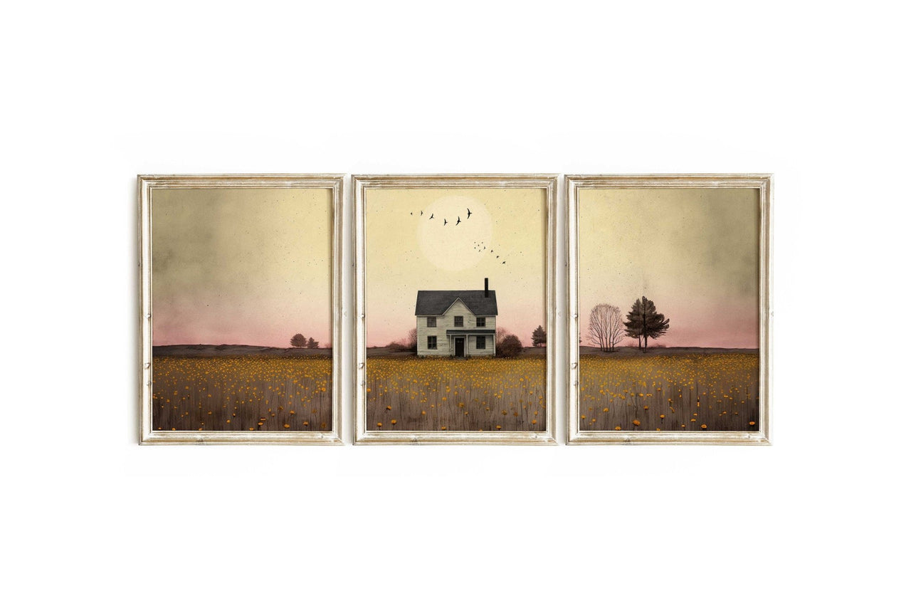White Country House Wall Art – Rural Girls Room Print • Set of 3