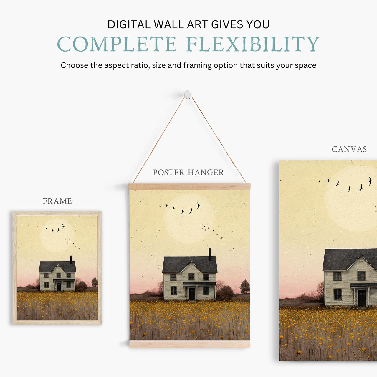 White Country House Wall Art – Rural Girls Room Print • Set of 3
