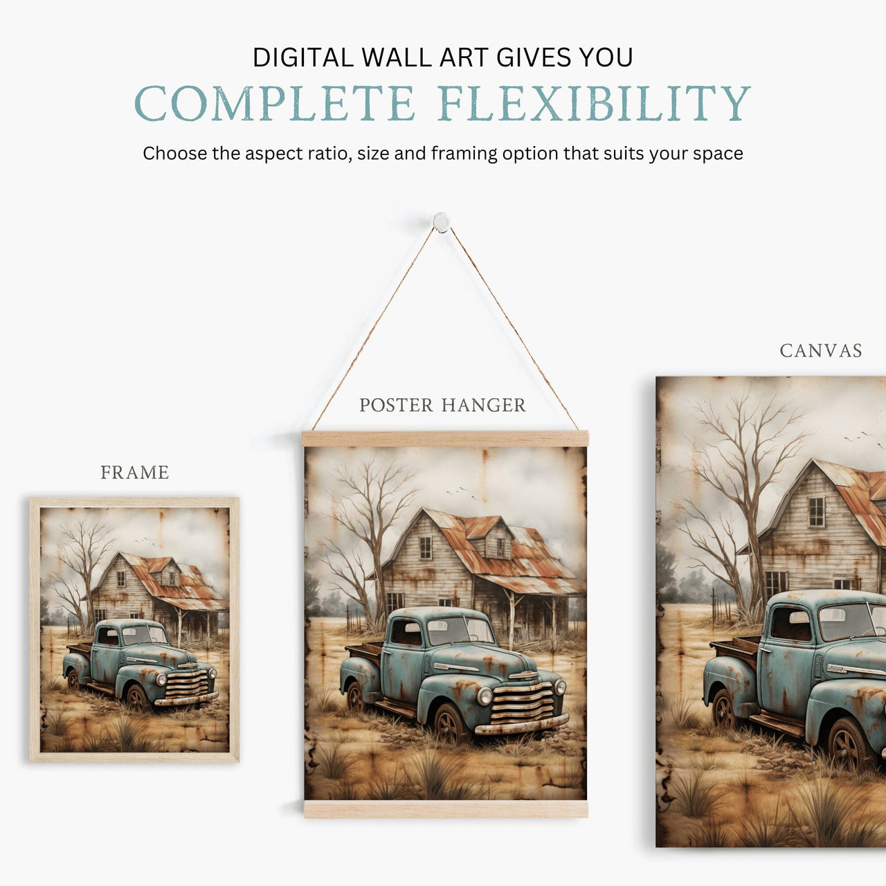 Teal Truck Wall Art – Vintage Countryside Print for Living Room