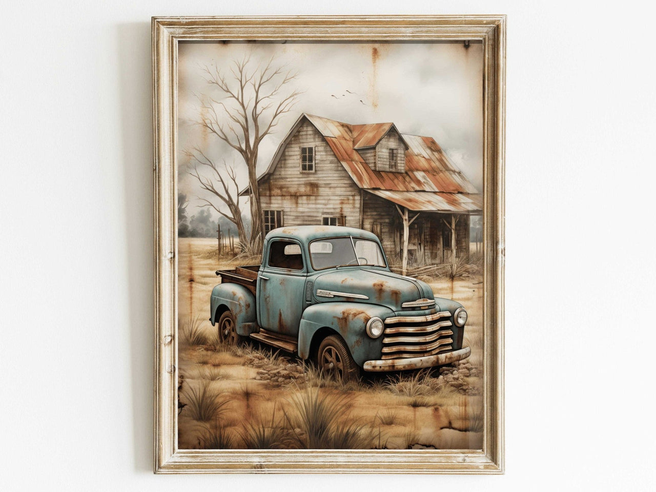 Teal Truck Wall Art – Vintage Countryside Print for Living Room