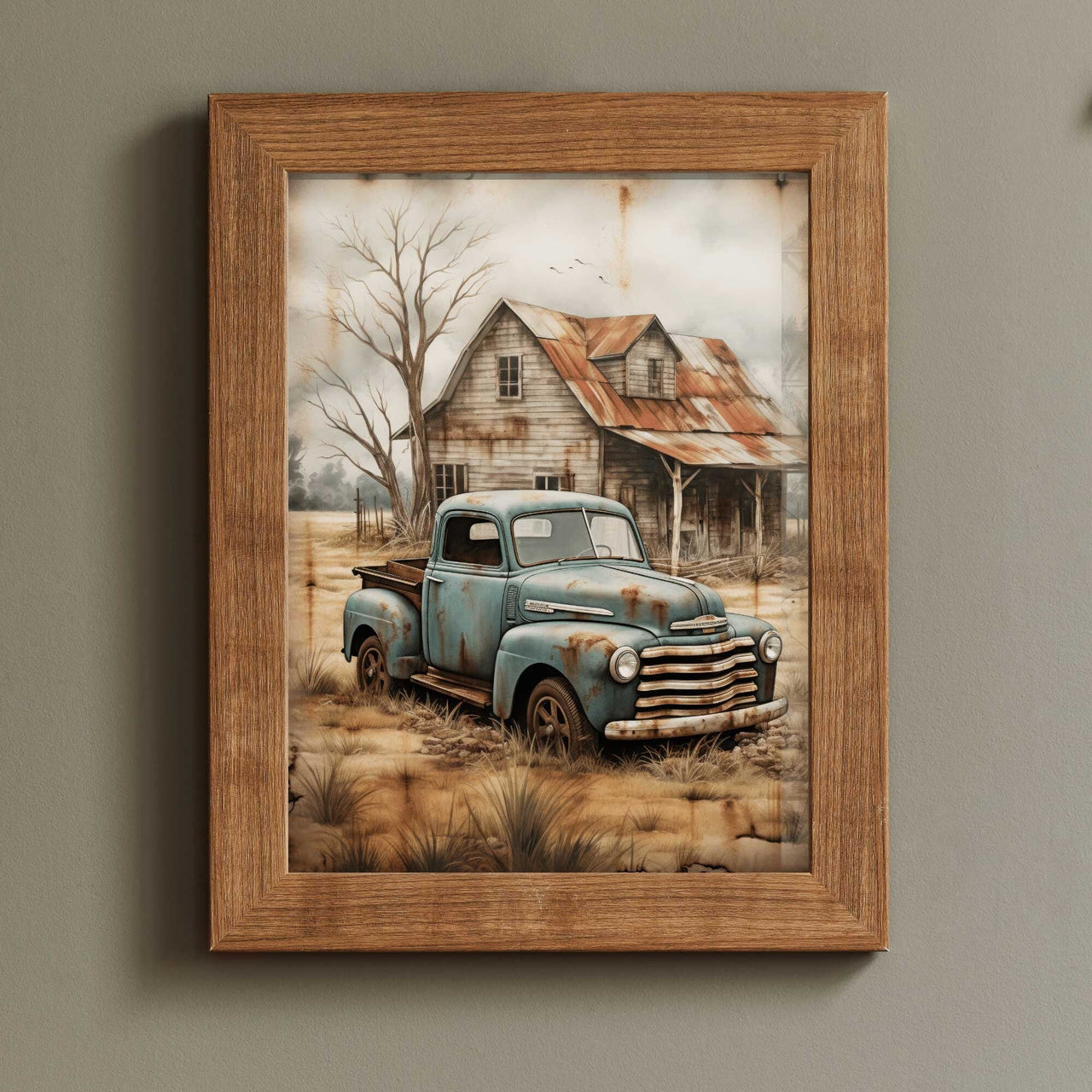 Teal Truck Wall Art – Vintage Countryside Print for Living Room