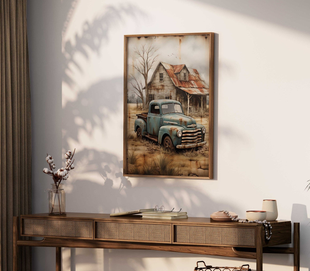 Teal Truck Wall Art – Vintage Countryside Print for Living Room