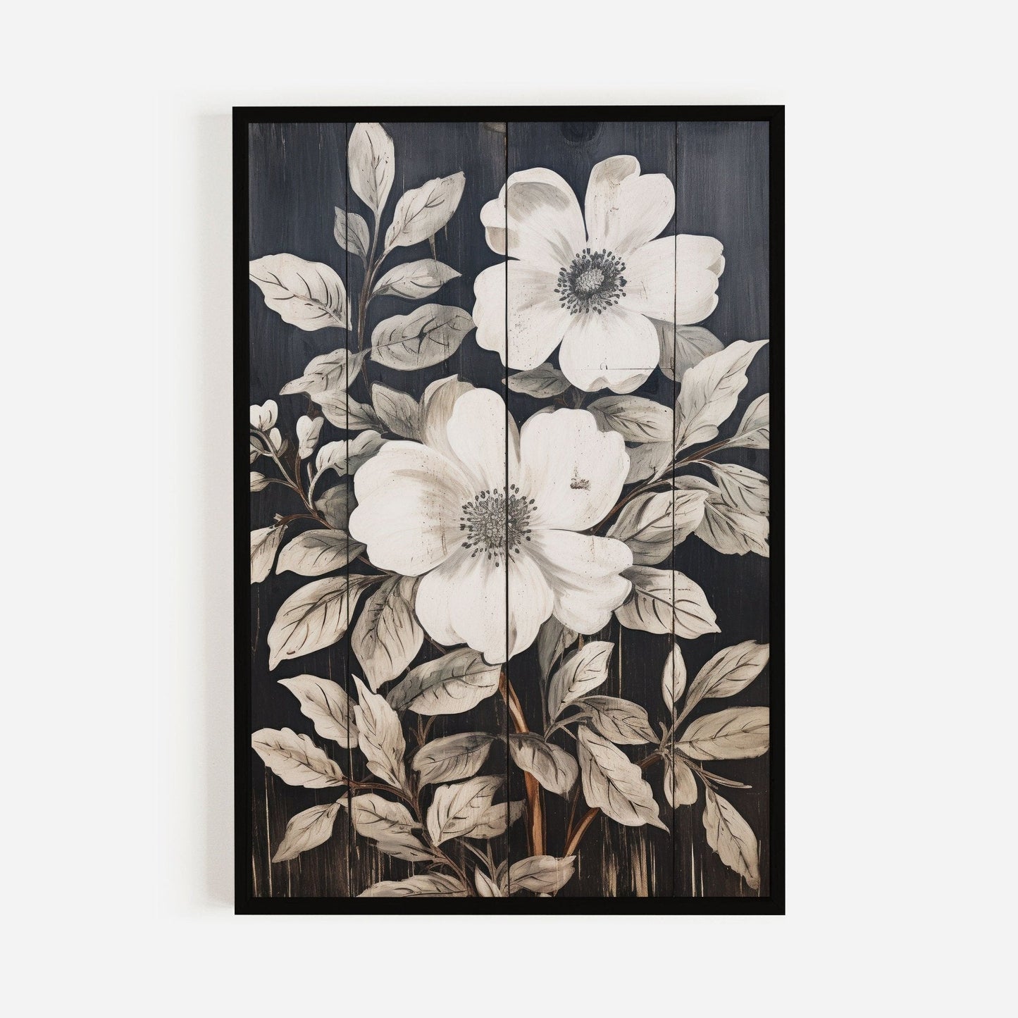 Rustic Floral Wall Decor, Black Wood Art, Vintage Flower Print - WildfieldPrints