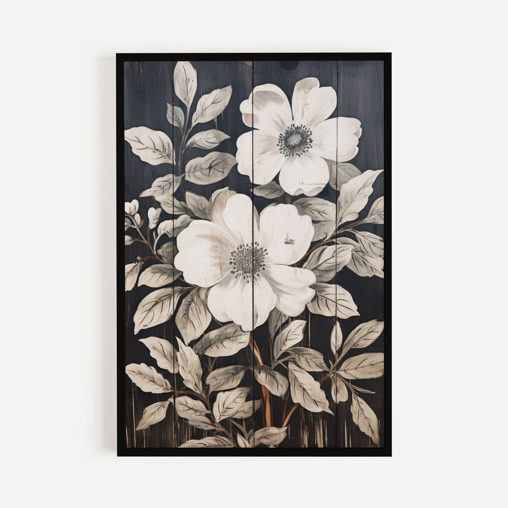Rustic Floral Wall Decor, Black Wood Art, Vintage Flower Print - WildfieldPrints