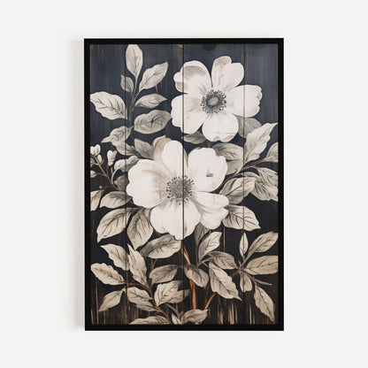 Rustic Floral Wall Decor, Black Wood Art, Vintage Flower Print - WildfieldPrints