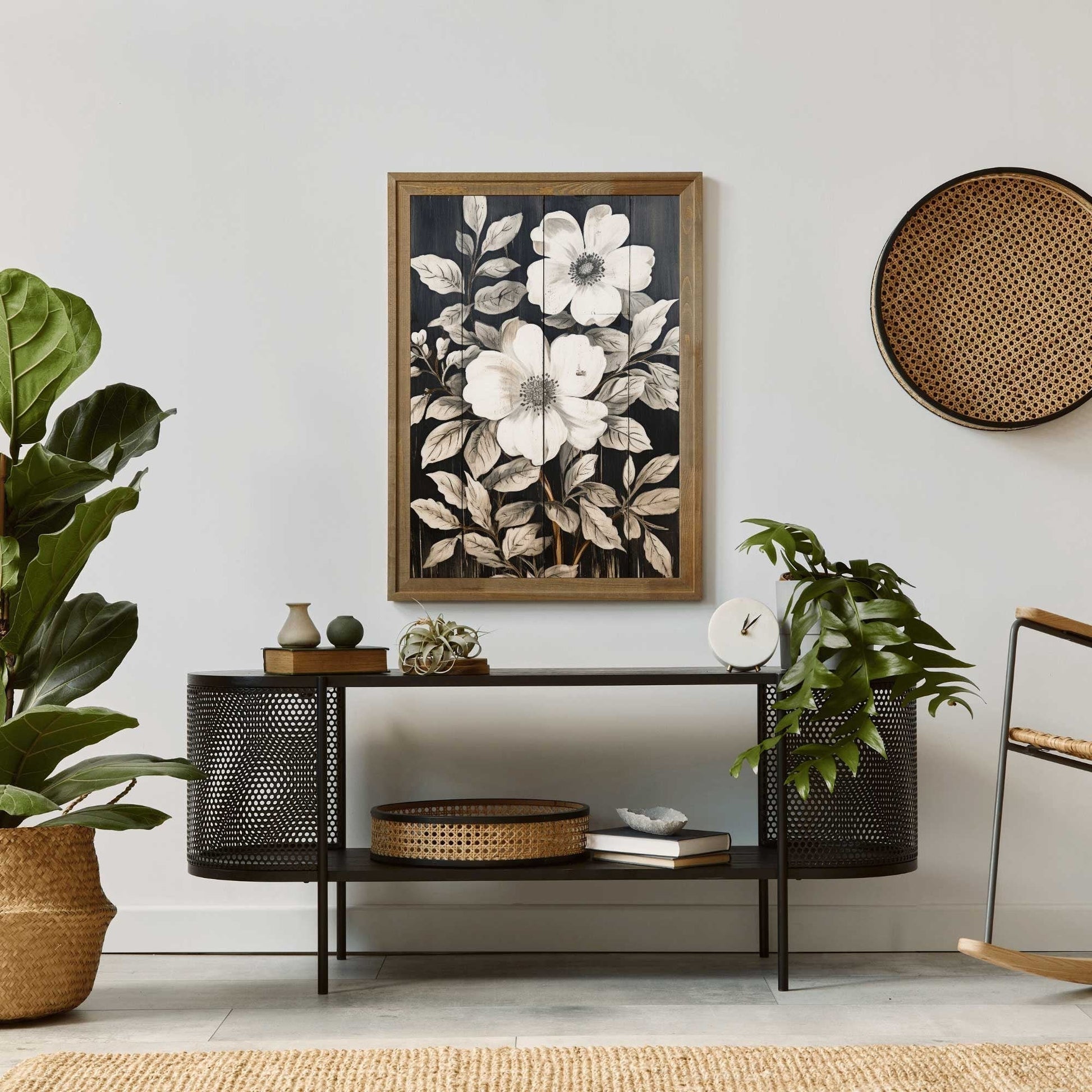 Rustic Floral Wall Decor, Black Wood Art, Vintage Flower Print - WildfieldPrints
