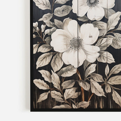 Rustic Floral Wall Decor, Black Wood Art, Vintage Flower Print - WildfieldPrints