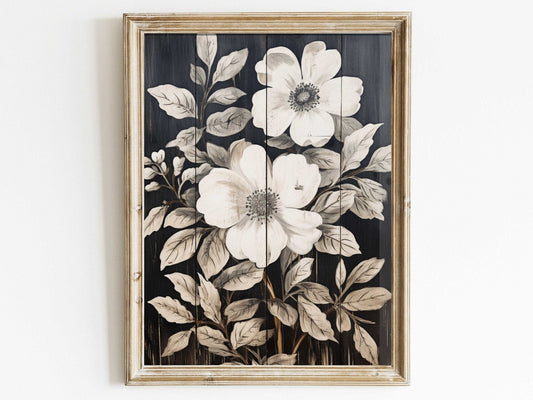 Rustic Floral Wall Decor, Black Wood Art, Vintage Flower Print - WildfieldPrints
