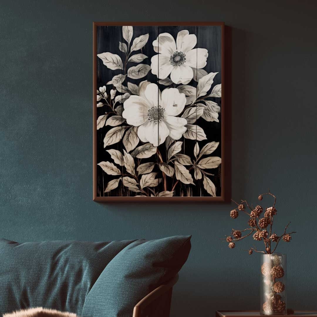 Rustic Floral Wall Decor, Black Wood Art, Vintage Flower Print - WildfieldPrints