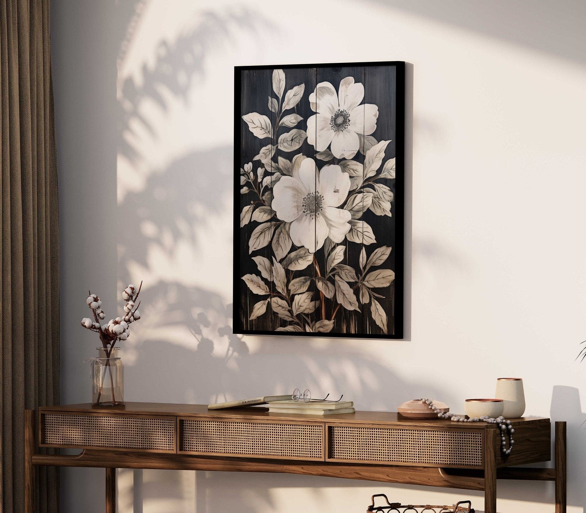 Rustic Floral Wall Decor, Black Wood Art, Vintage Flower Print - WildfieldPrints