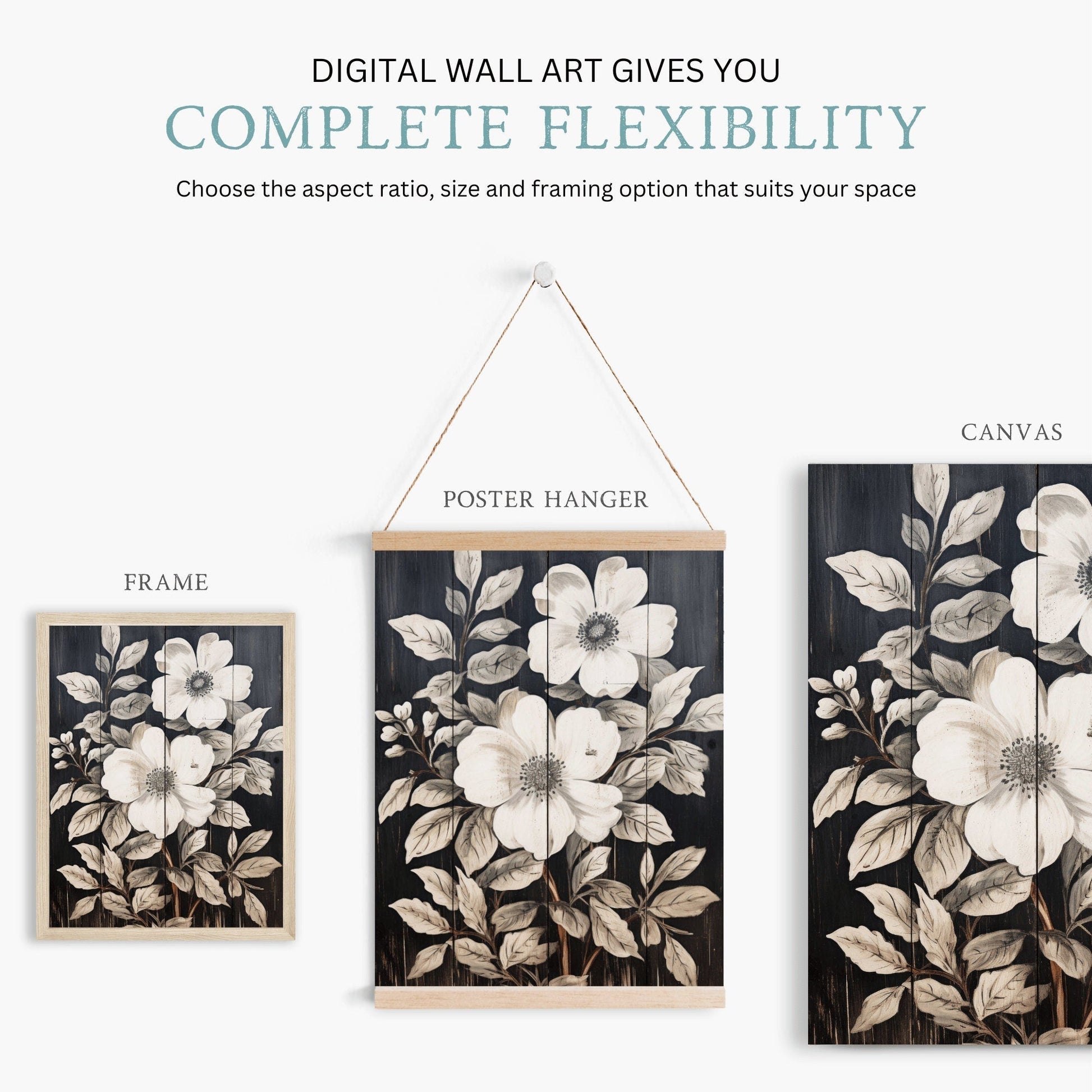 Rustic Floral Wall Decor, Black Wood Art, Vintage Flower Print - WildfieldPrints