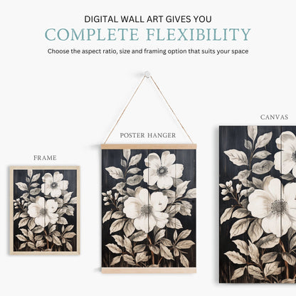 Rustic Floral Wall Decor, Black Wood Art, Vintage Flower Print - WildfieldPrints