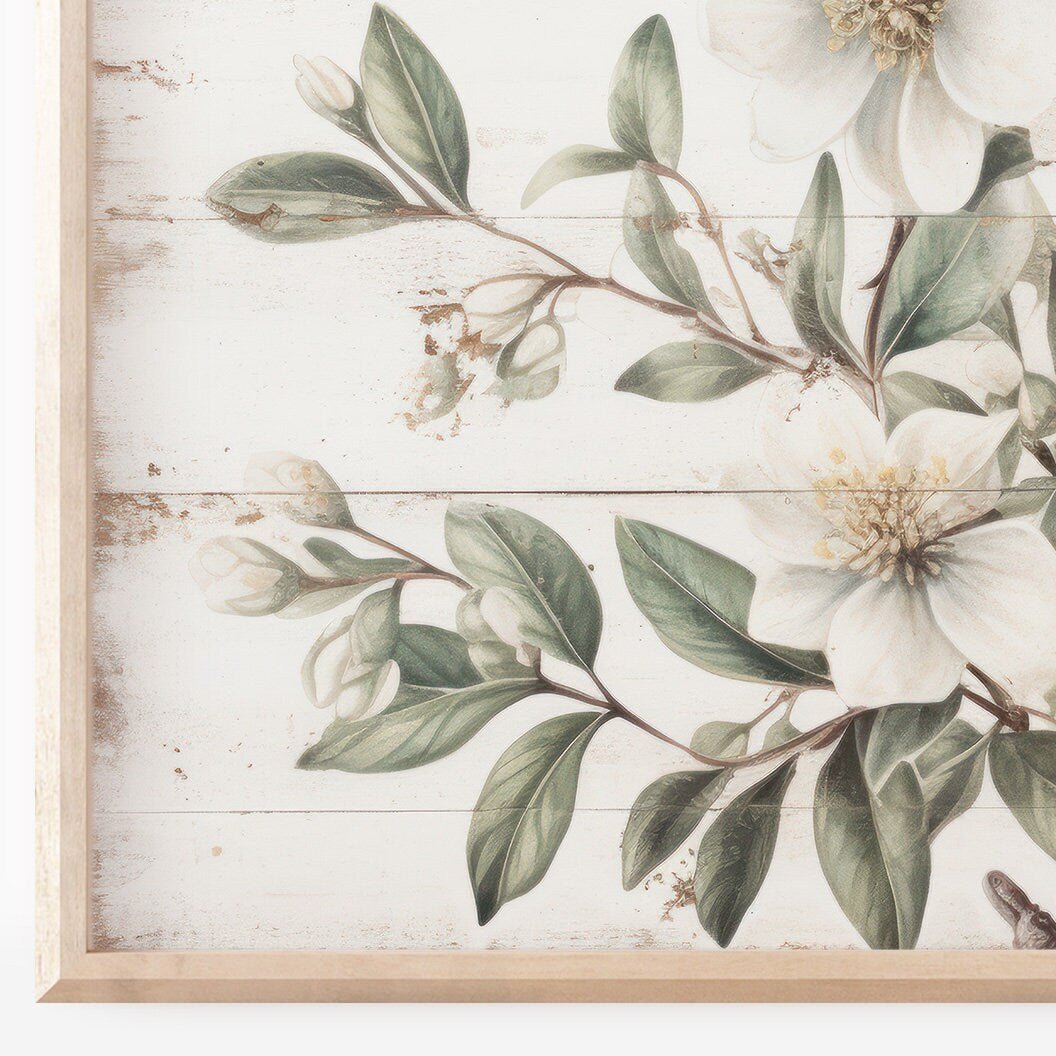 Rustic Floral Wall Decor, White Flower Print, Vintage Kitchen Art - WildfieldPrints