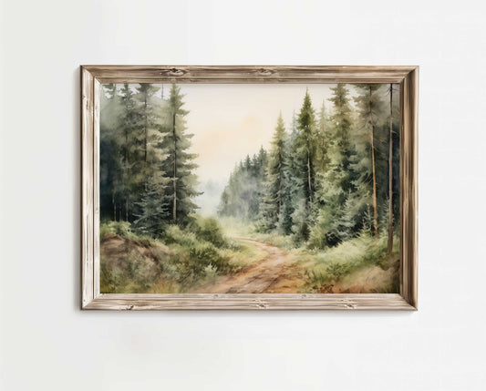 Rustic Landscape Artwork, Vintage Nature Wall Decor, Watercolor Forest Path - WildfieldPrints