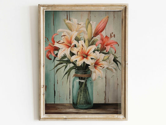 Rustic Lilly Bouquet Wall Art, Vintage Elegance for Timeless Decor - WildfieldPrints
