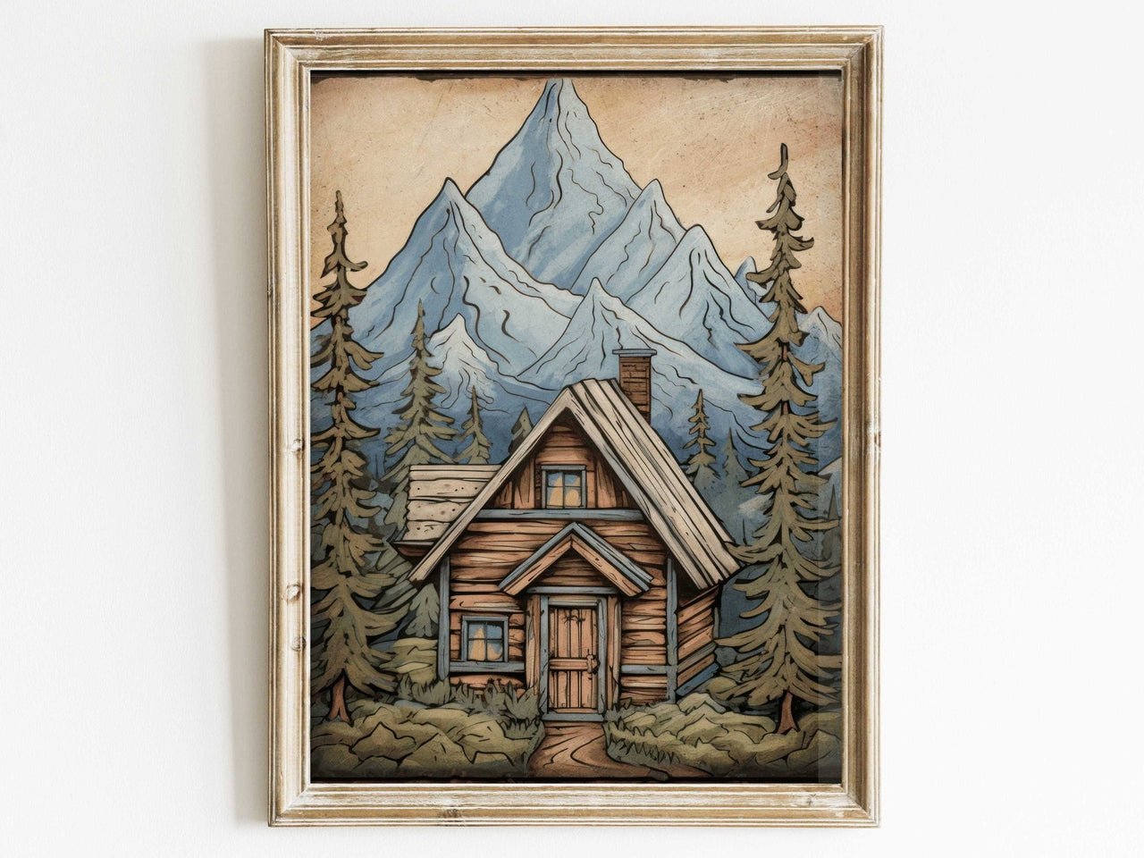 Rustic Mountain Cabin Wall Art – Landscape Boys Room Print