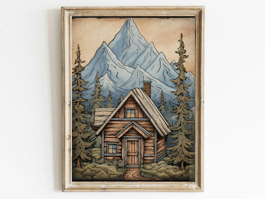 Rustic Mountain Cabin Print, Forest and Mountain Landscape Decor, Cozy Cottage Art - WildfieldPrints
