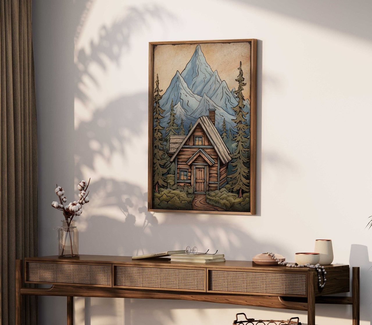Rustic Mountain Cabin Wall Art – Landscape Boys Room Print