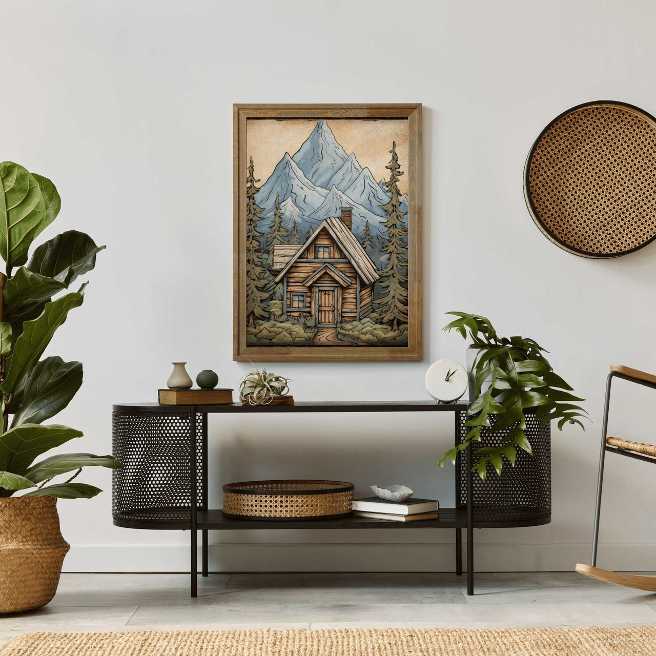 Rustic Mountain Cabin Wall Art – Landscape Boys Room Print