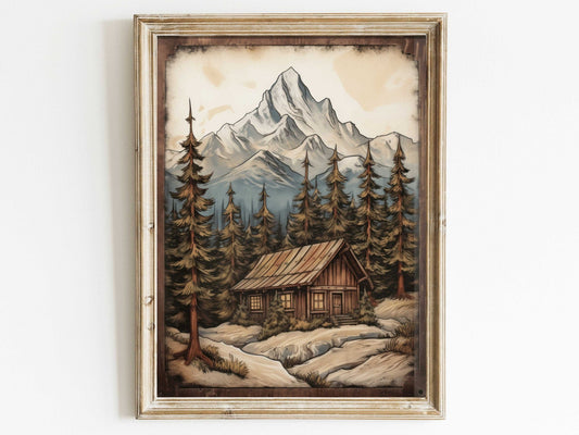 Rustic Mountain Cabin Print, Forest and Mountain Wall Decor, Vintage Style - WildfieldPrints