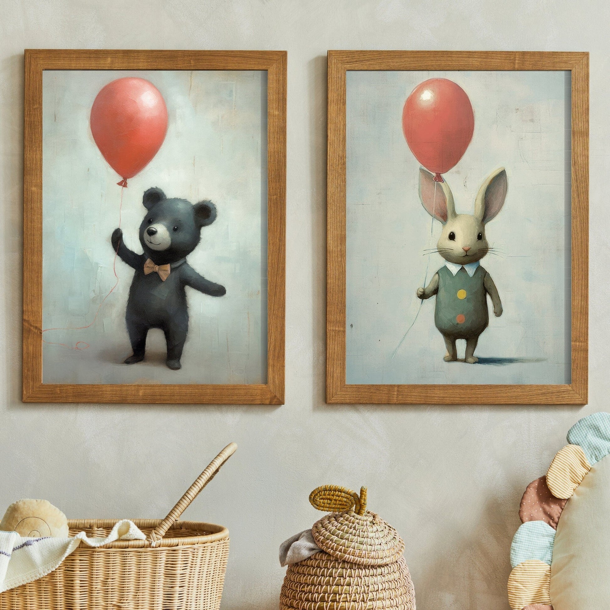 Rustic Nursery Decor, Bunny and Bear Balloon Art, Cute Child's Room Decor - WildfieldPrints