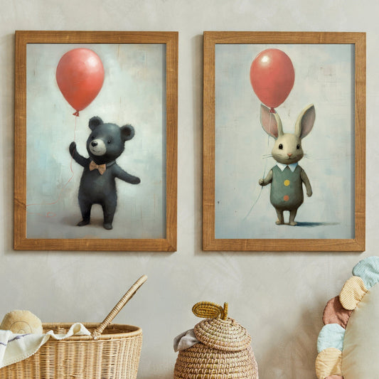 Rustic Nursery Decor, Bunny and Bear Balloon Art, Cute Child's Room Decor - WildfieldPrints