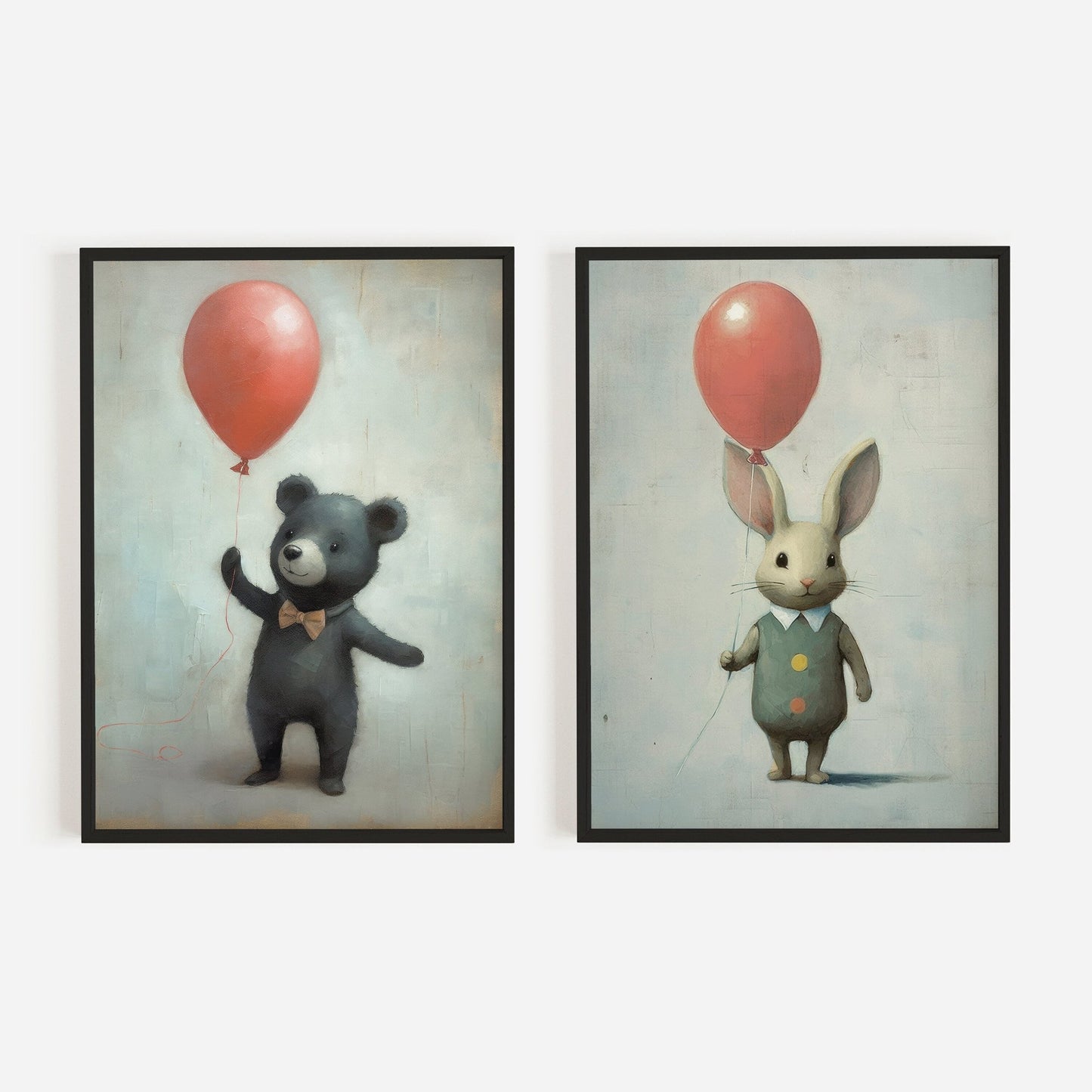 Rustic Nursery Decor, Bunny and Bear Balloon Art, Cute Child's Room Decor - WildfieldPrints