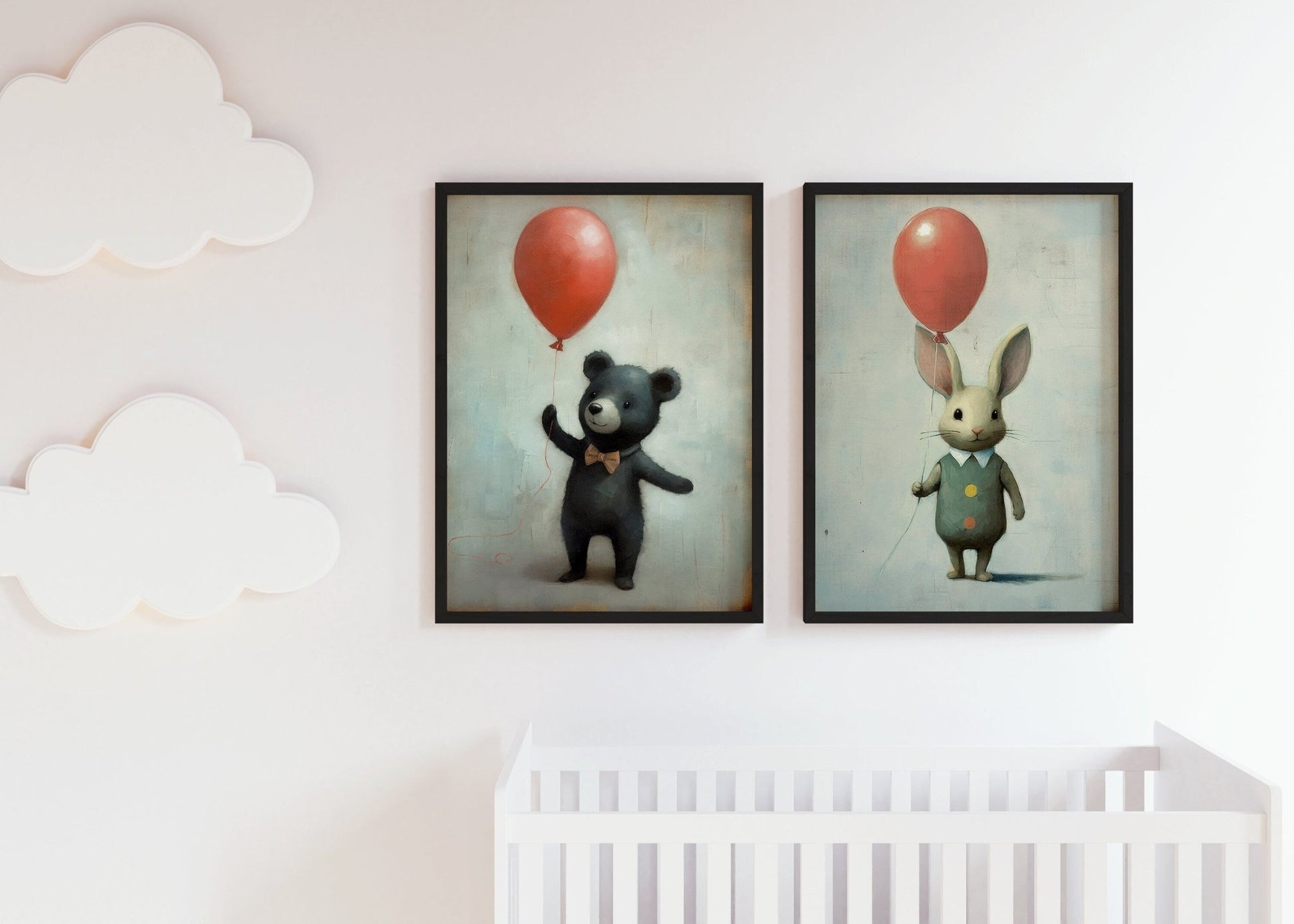 Rustic Nursery Decor, Bunny and Bear Balloon Art, Cute Child's Room Decor - WildfieldPrints