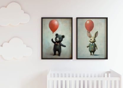 Rustic Nursery Decor, Bunny and Bear Balloon Art, Cute Child's Room Decor - WildfieldPrints