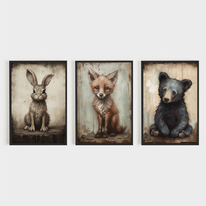 Rustic Nursery Decor, Woodland Baby Animal Wall Art, Bear, Hare, Fox - WildfieldPrints