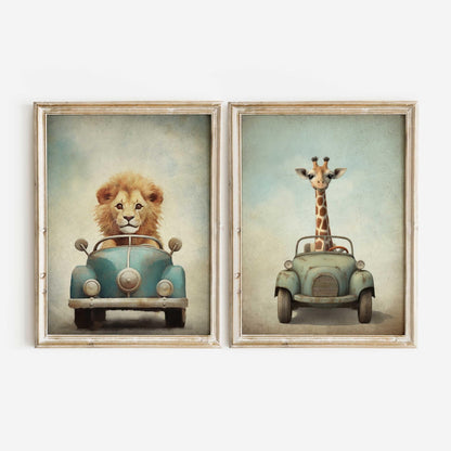 Safari Animal Prints, Vehicle Nursery Decor, Lion & Giraffe Art - WildfieldPrints