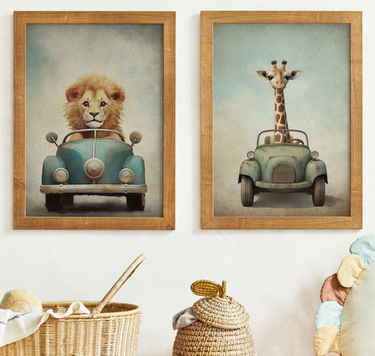Safari Animal Prints, Vehicle Nursery Decor, Lion & Giraffe Art - WildfieldPrints