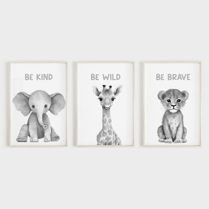 Safari Animal Wall Art - Be Kind, Be Wild, Be Brave - Inspirational Decor - WildfieldPrints
