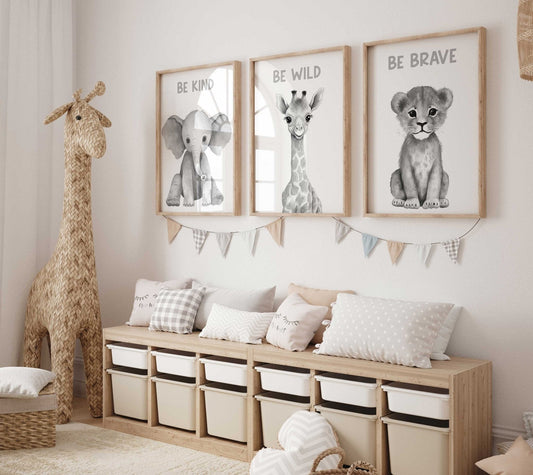 Safari Animal Wall Art - Be Kind, Be Wild, Be Brave - Inspirational Decor - WildfieldPrints