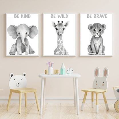 Safari Animal Wall Art - Be Kind, Be Wild, Be Brave - Inspirational Decor - WildfieldPrints