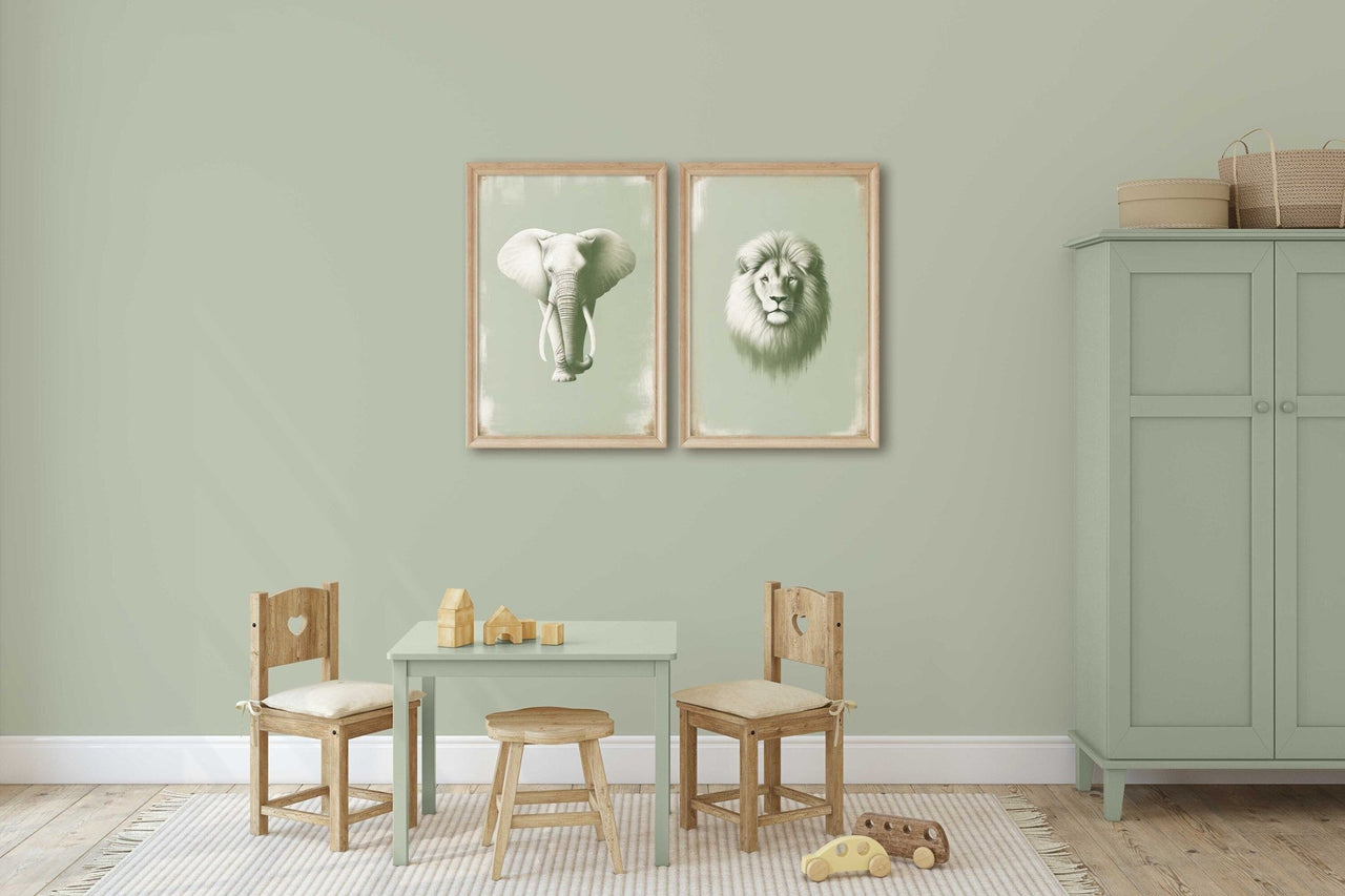 Elephant and Lion Wall Decor – Safari Boys Room Print • Set of 2
