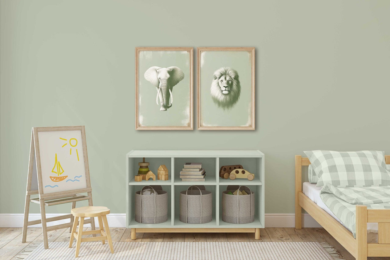 Elephant and Lion Wall Decor – Safari Boys Room Print • Set of 2