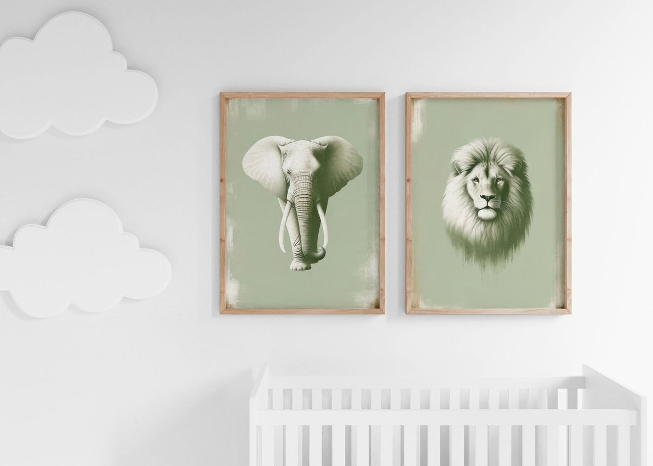 Elephant and Lion Wall Decor – Safari Boys Room Print • Set of 2