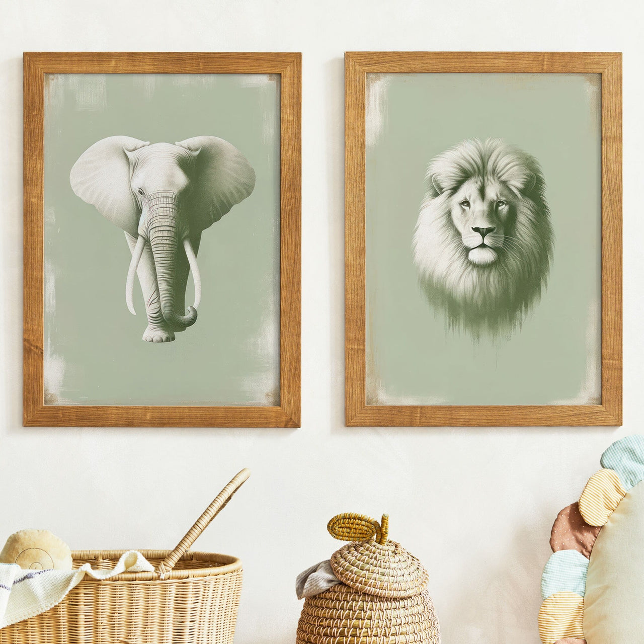 Elephant and Lion Wall Decor – Safari Boys Room Print • Set of 2