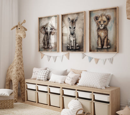 Safari Baby Animal Vintage Wall Art, Elephant, Zebra & Lion Decor - WildfieldPrints