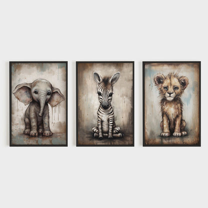 Safari Baby Animal Vintage Wall Art, Elephant, Zebra & Lion Decor - WildfieldPrints