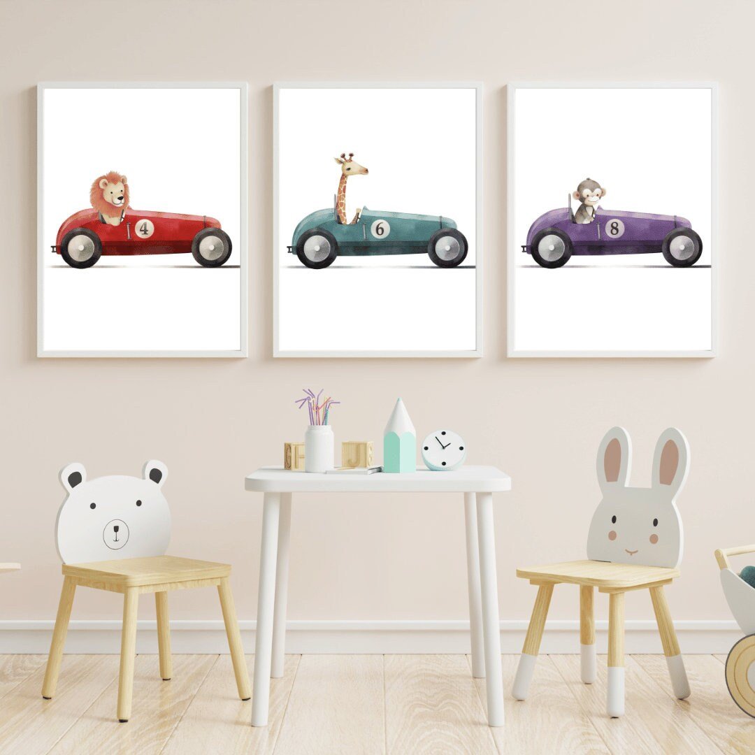 Lion Giraffe Monkey Wall Art – Safari Boys Room Print • Set of 3